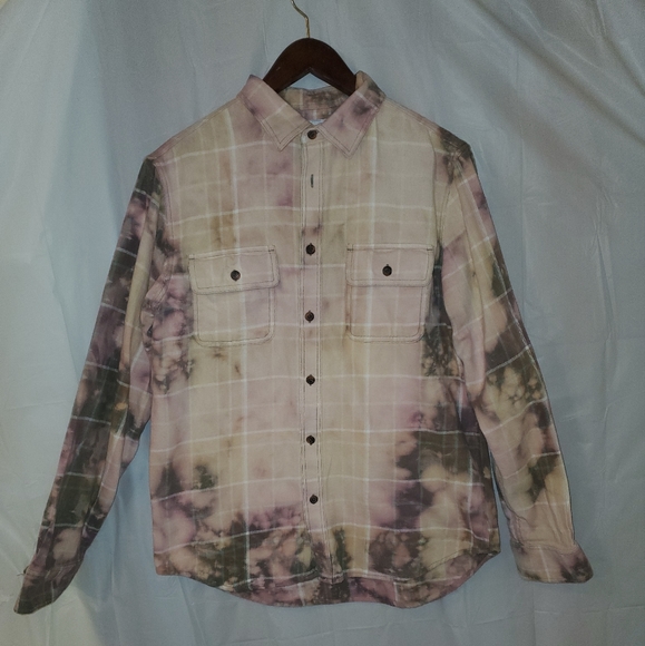 Upcycled Bleached Flannel with Giant Floral Peace Sign on back size Medium - Picture 2 of 4